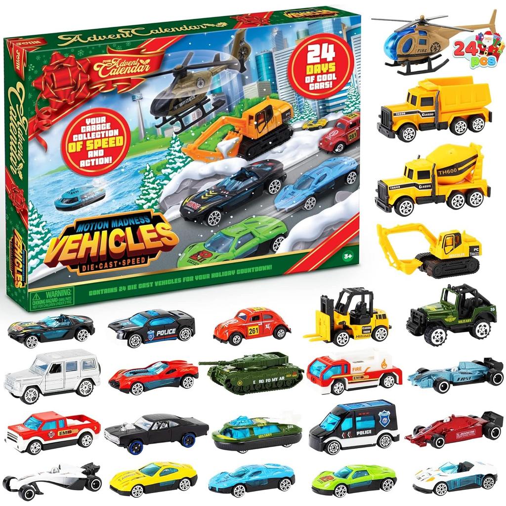 JOYFY 2025 Christmas Advent Calendar 24 Days Countdown Calendar Diecast Cars Set Christmas Vehicles Toys for Boys Kids Xmas Gift