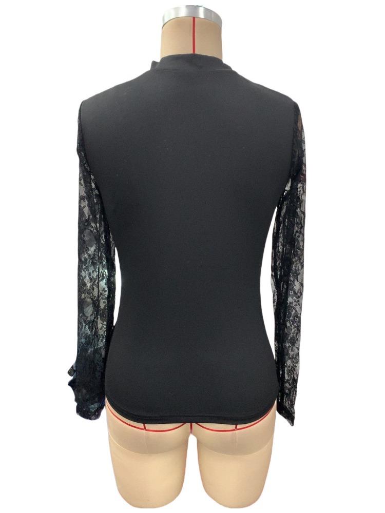 Женские сексуальные черные кружевные лоскутные топы с неровным вырезом футболки Универсальные предметы гардероба Модные вещи Рубашка