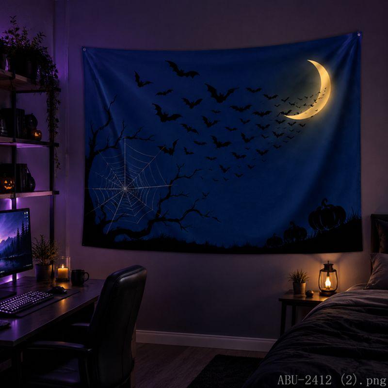 Red Black Spider Web Curved Moon Bat Dark Tapestry Tea Room Quiet Atmosphere Living Room Decoration