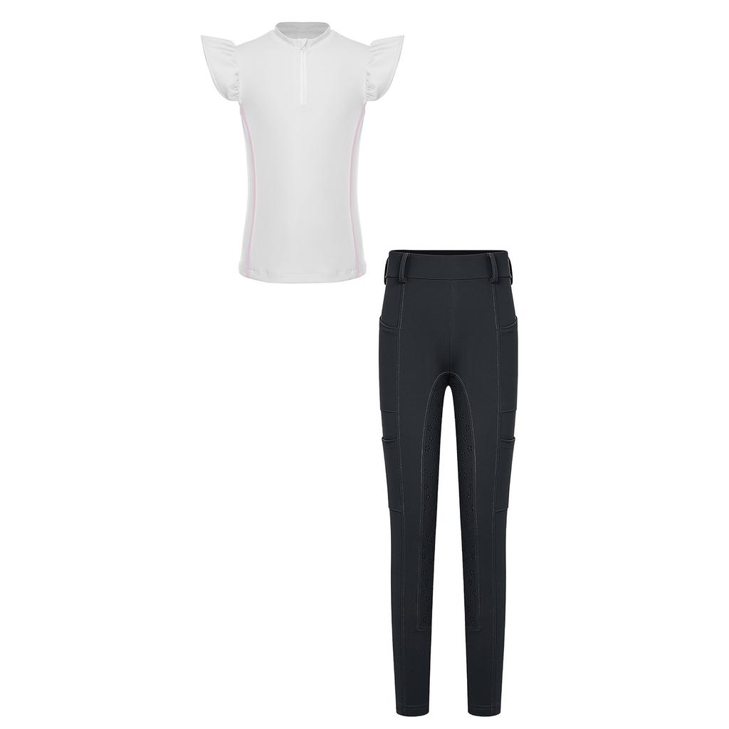 Girls Equestrian Riding Zip Up Stand Collar Ruffled Sleeves Contrast Trim Top Anti Slip Full Seat Breeches Outfit