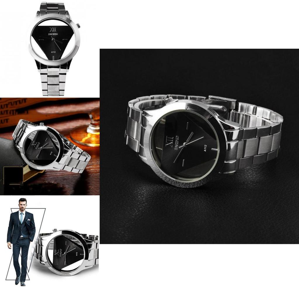 Элегантные часы с треугольным циферблатом, полый дизайн, модный стальной браслет и стеклянная поверхность