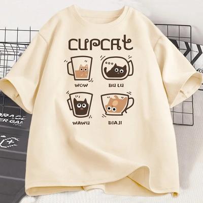 Забавная футболка с кошкой и кофе, повседневная, с коротким рукавом, женская модная футболка с принтом, удобная, с круглым вырезом, футболка с коротким рукавом, топ