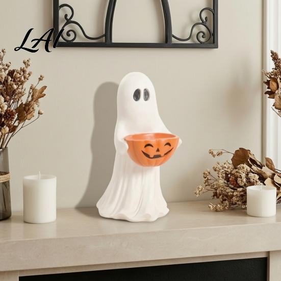 Vintage Style Ornament Halloween Ghost Figurine with Pumpkin Candy Bowl Cute Resin Statue Freestanding Desktop Light Trick or Treat Holder for Front