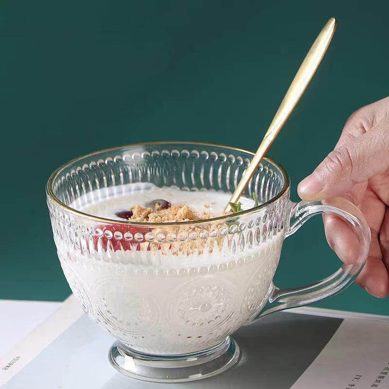 Nordic Style Retro Relief Sunflower Glass Coffee Cup Milk Cup Breakfast Cup Large Capacity 1-2 Pcs Available