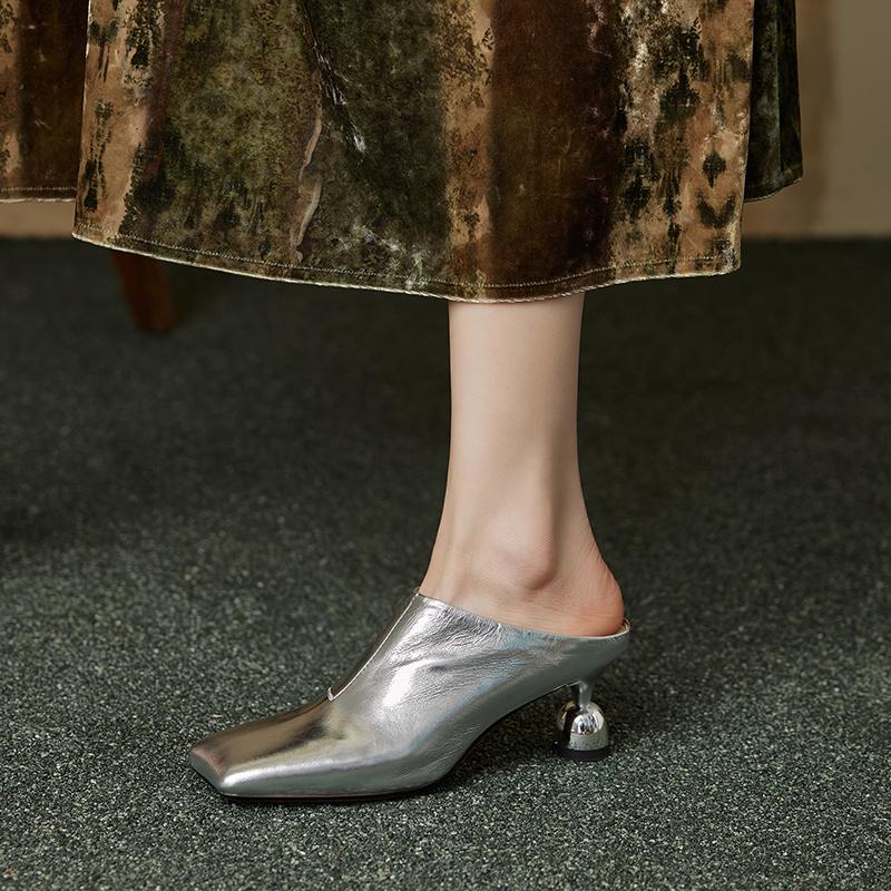 Мода 2025 Женские Новые Весенне-Летние Туфли-Мюли с Квадратным Носком из Натуральной Кожи Овчины Баотоу на Высоком Каблуке Большого Размера Женские