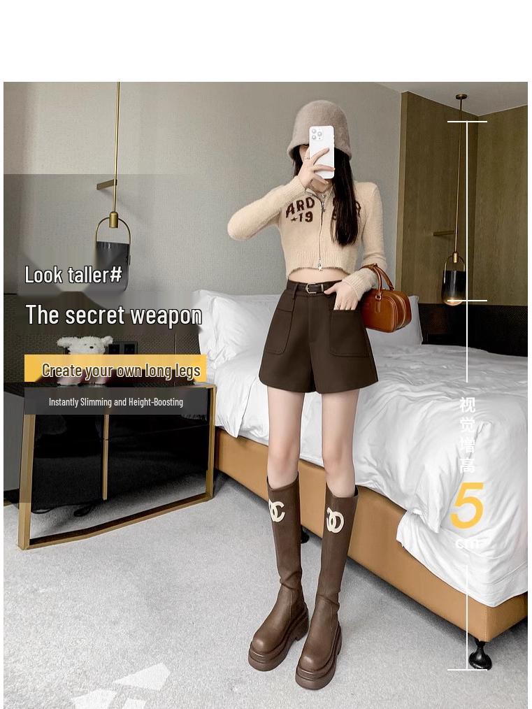 2024 Осень/Зима Женские Шерстяные Шорты с Высокой Посадкой и Широкими Штанинами - Стильные Повседневные Модные Шорты
