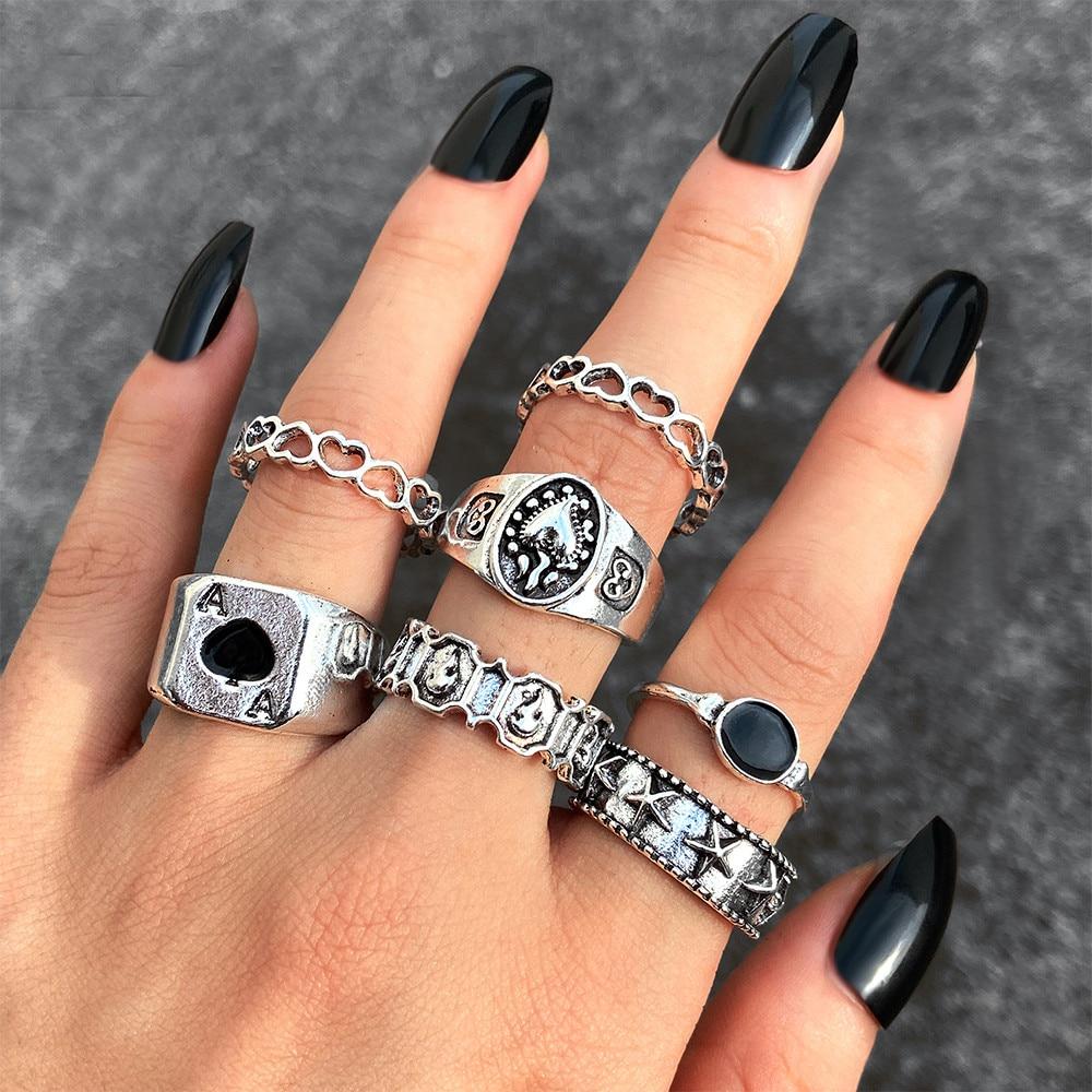 iF ME Punk Vintage Silver Color Poker Billiards Ring Set for Women Gothic Heart Anillos Hip Hop Y2k Korean Fashion Male Gift Jewelry