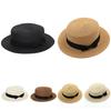 Round Flat Caps Women Large Brim Straw Bowler Boater Sun Hat Ladies Summer Beach Travel Solid Sunhat