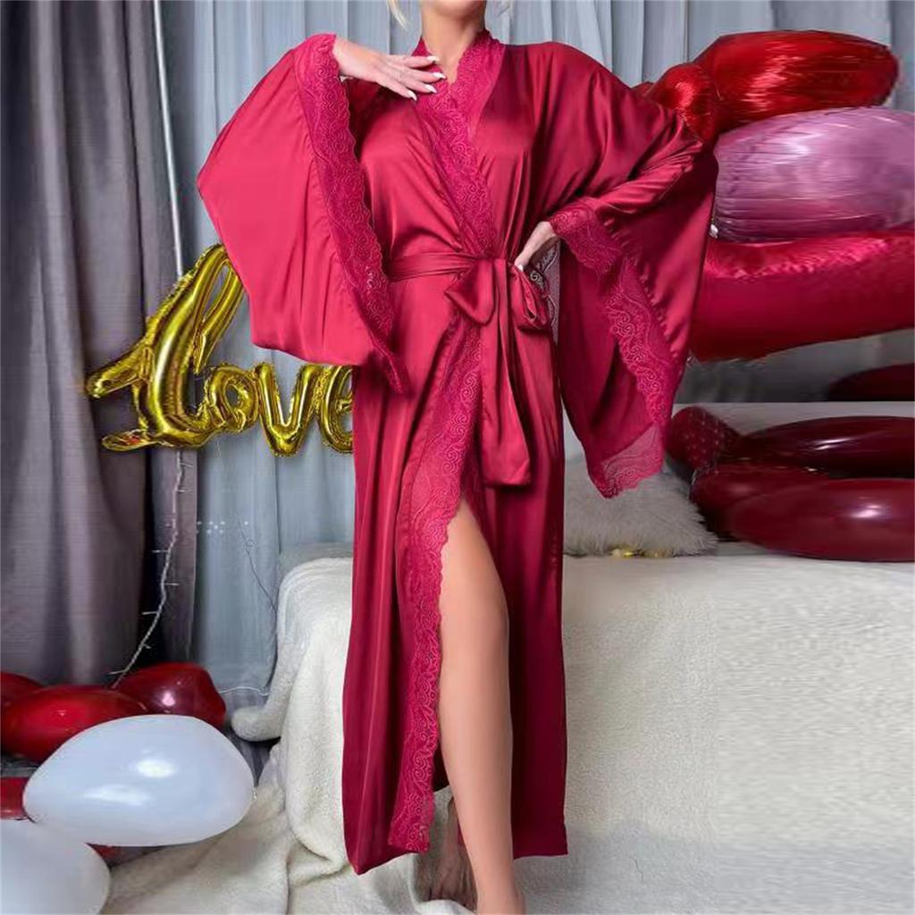 Женский модный легкий роскошный халат с длинным рукавом и кружевной отделкой, однотонный, прохладный, повседневный