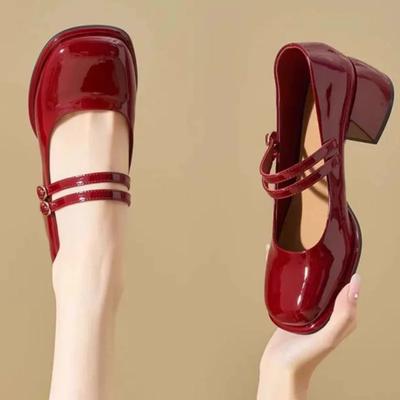 Винтажные туфли Мэри Джейн Женские красные свадебные туфли 2025 Весна Осень Новые туфли на высоком каблуке Массивные Элегантные Одинарные туфли Резиновая подошва