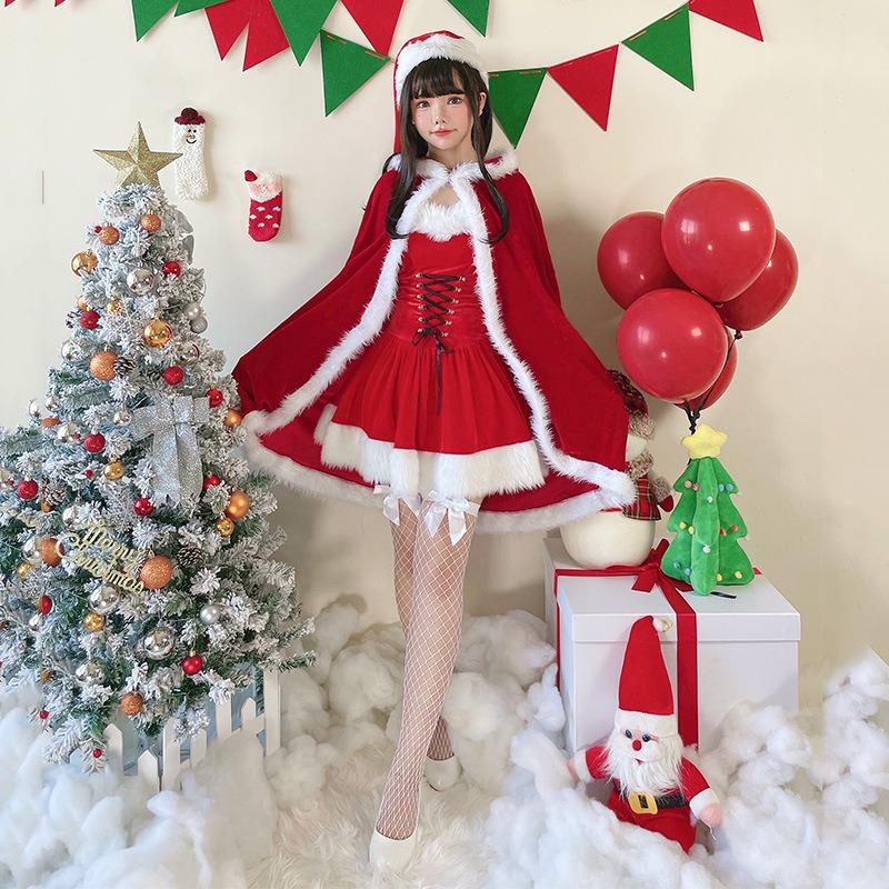 Christmas Costume Adult Female Red Cape Christmas Dress Santa Sexy Dress Cape
