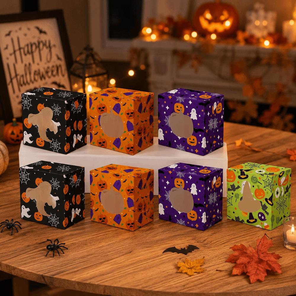 12/24Pcs Paper Halloween Treat Boxes Foldable Cookies Favor Boxes Party Decoration