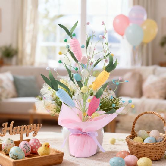 Искусственные пасхальные горшечные растения 16,5" Дерево с пасхальными яйцами Настольные украшения с морковками из синельной проволоки Искусственные цветы для каминной полки Дома Весенний декор