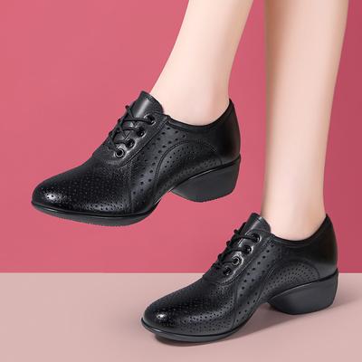 4см Дышащие Удобные Туфли из Натуральной Кожи Туфли на Платформе Женские 2025 Весна На шнуровке Средний Блочный Каблук Обувь для Танцев Мама