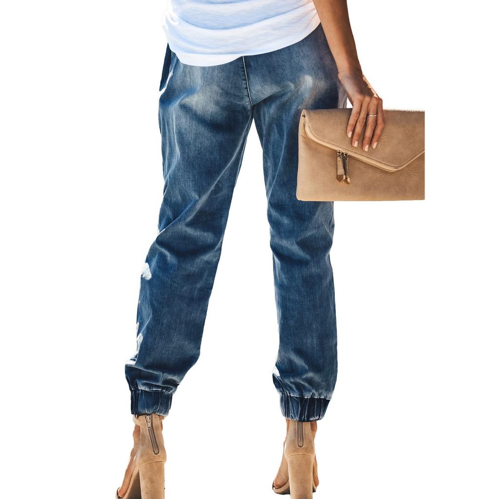 Women's Ripped Jeans Drawstring Elastic Waist Washed Casual Pants Denim Trousers