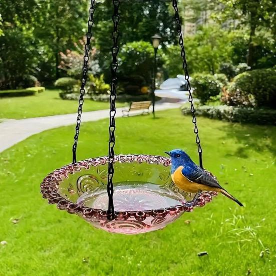 Heavy-Duty Outdoor Bird Bath Water Feeder with Rust-Proof Black Chains Hanging Bird Bath Hummingbird Feeder