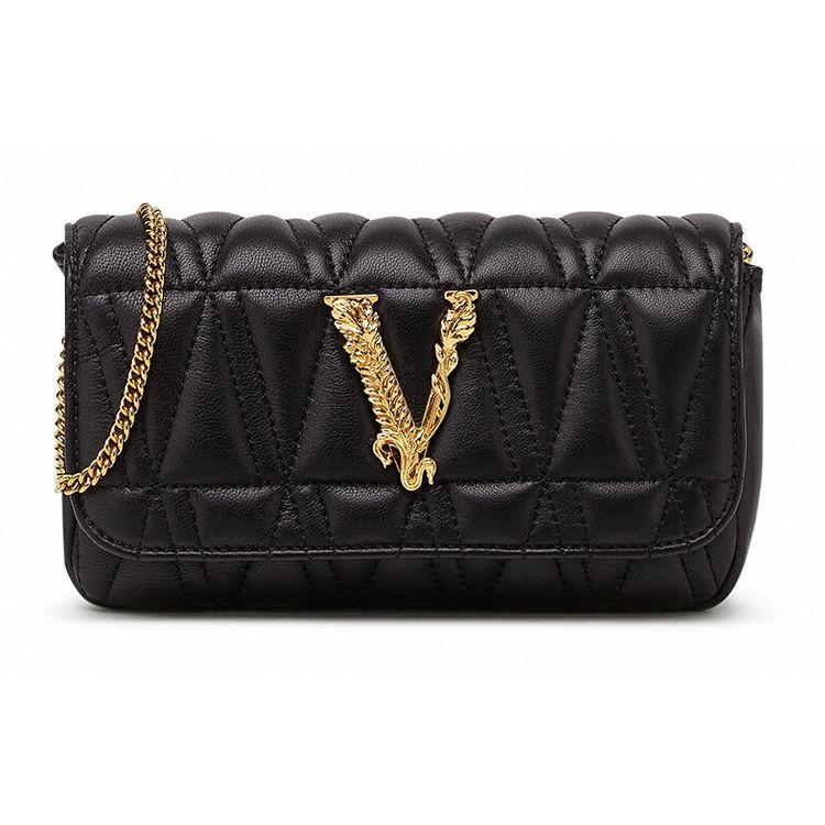Versace Virtus Naplak Классический Логотип Золотая Отметка Прошитая Цепочка Стеганая Для Поездок Кожаная Сумка Через Плечо Мини Женские сумки Черный DBFI002-D2NTRT-DNMOV