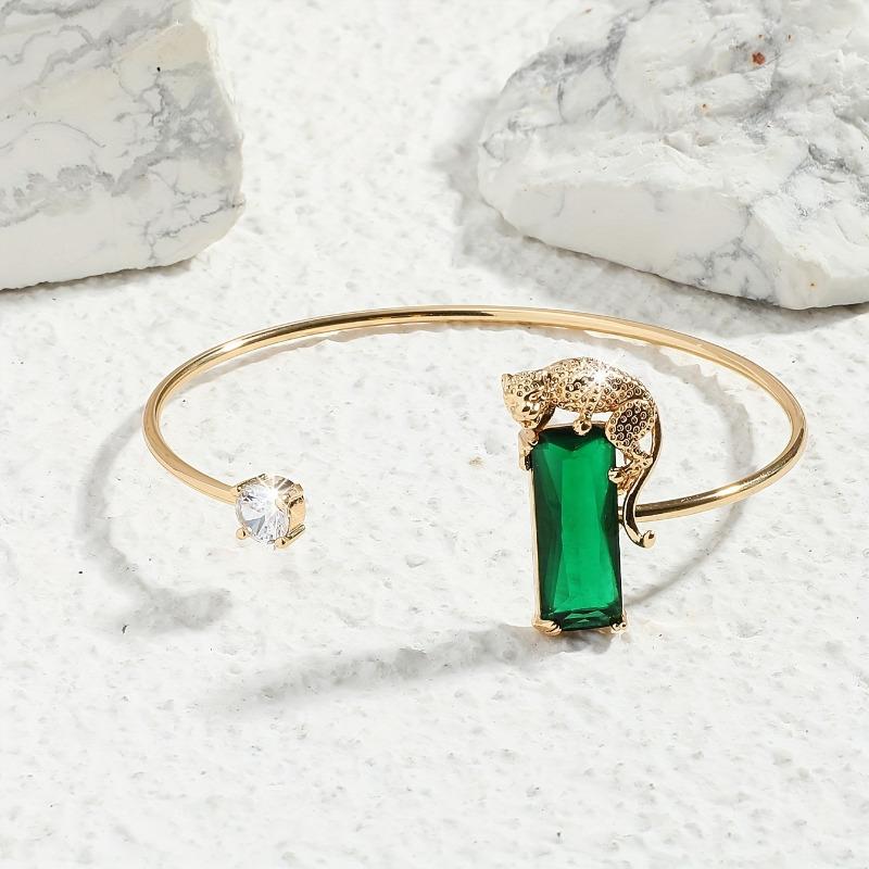 Fashion Green Leopard Rectangular Crystal Earrings Necklace Bangle 3 Piece Set Banquet Wedding Jewelry Set Birthday Gift