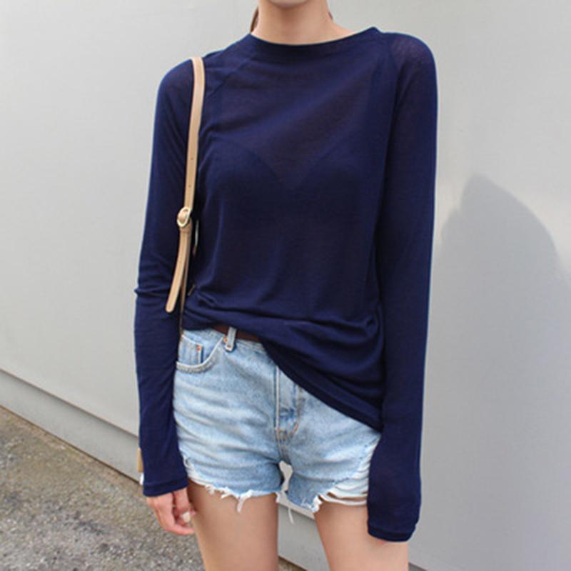 Hot Sale 2024 New Spring Summer Basic Tops Long Sleeve Loose Thin Sexy Blue T-shirt Women Fashion Solid Color Cotton Tee Femme