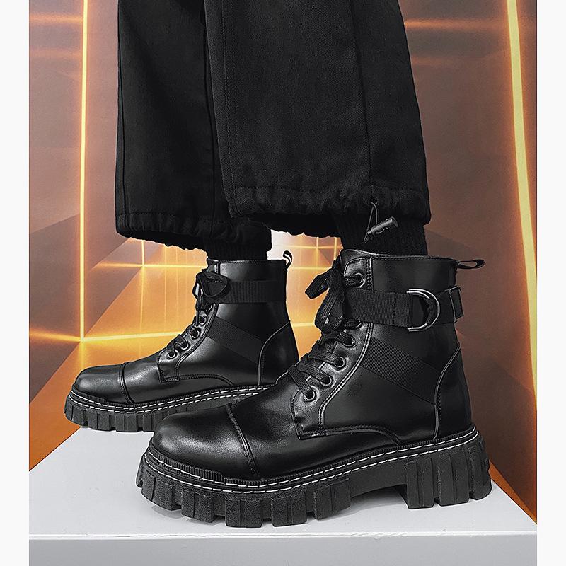 Men Boots 2024 Autumn Thick Soled Lace-up Korean Belt Buckle Comfort High Top Flat Bottom Anti Slip Outdoor British Sports Boots
