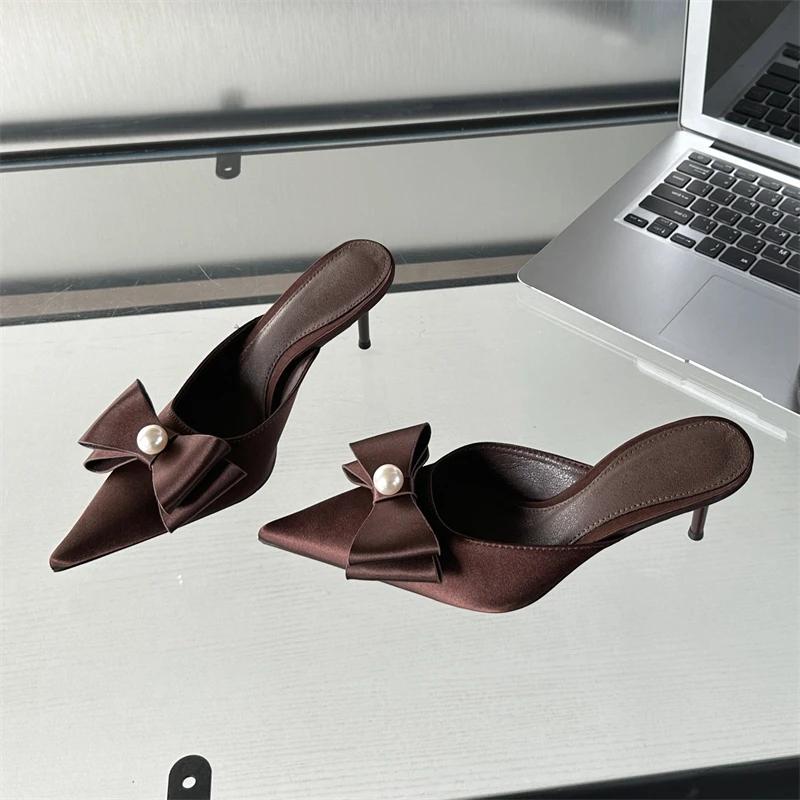 Модные Eilyken Весенние Сексуальные Шлепанцы с Бантом-бабочкой, с Острым Носком, Накладные, Женские Туфли, Элегантные Мюли на Тонком Каблуке, Платье-босоножки