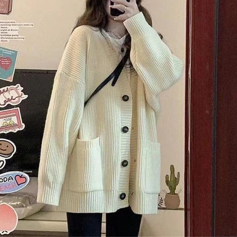 Женский свитер средней длины, кардиган, свободная вязаная куртка с v-образным вырезом