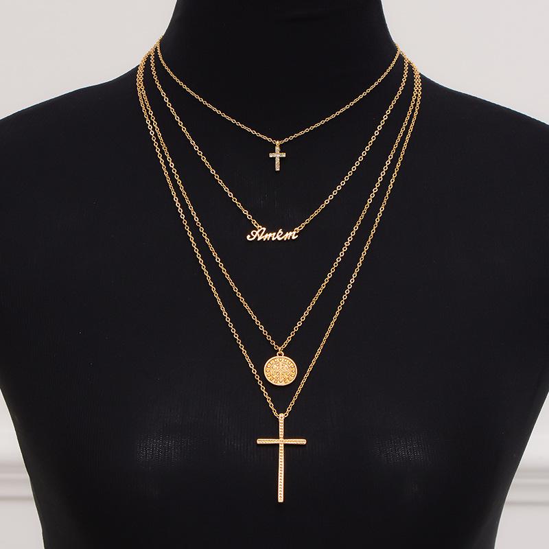 Summer Black Rhinestone Cross Jesus Pendant Choker Necklace for Women Punk Vintage Double Layers Chain Neck Boho Jewelry