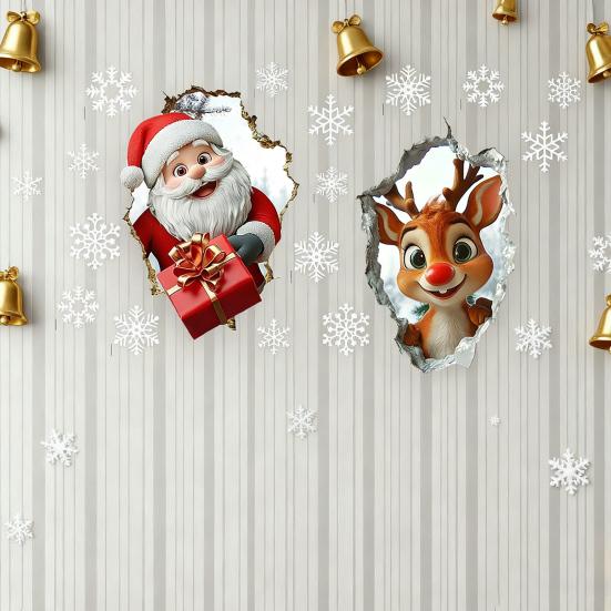 Рождественская наклейка на стену Реалистичная самоклеящаяся наклейка на стену Санта-Клаус 3D визуальный эффект Мультяшная наклейка с лосем для стен Домашний декор для гостиной, игровой комнаты