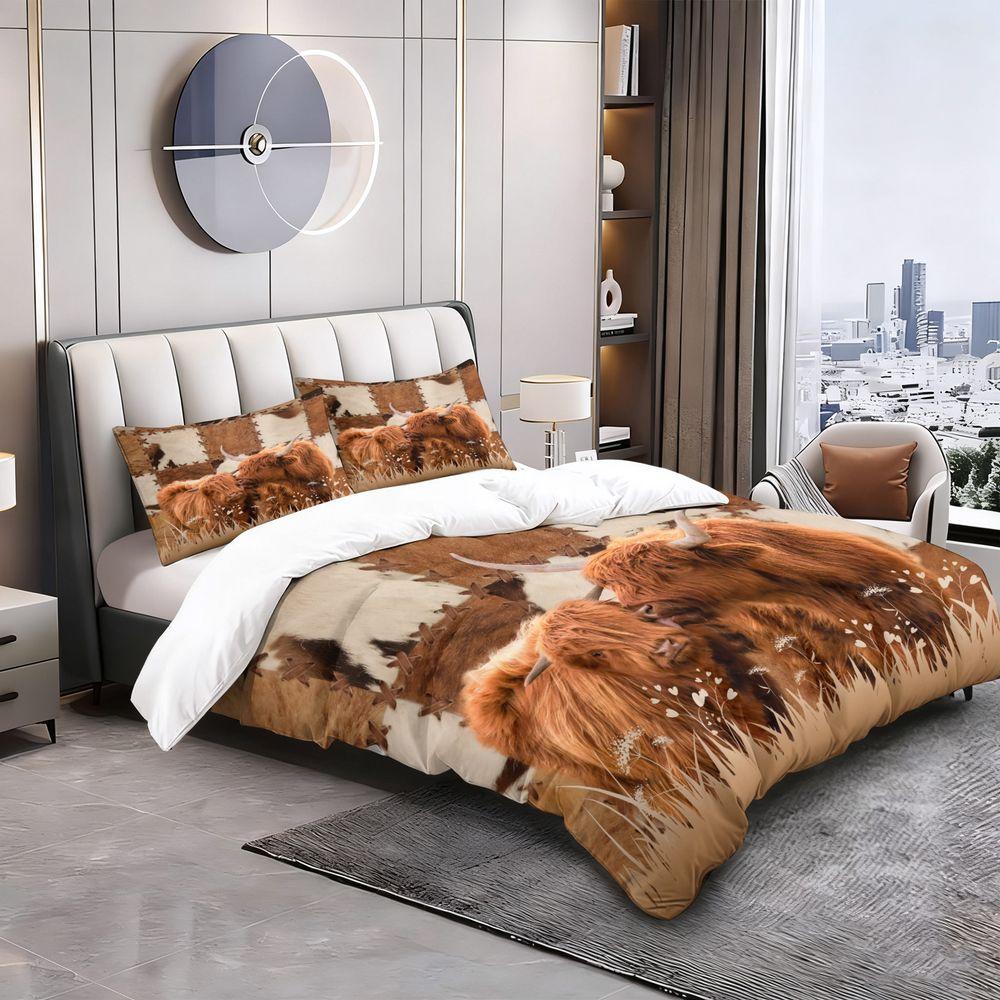 2/3Pcs Highland Cow Print Duvet Cover Set (1 Duvet Cover & 1/2 Pillowcase) Farmhouse Style Bedding Set For Bedroom Decor