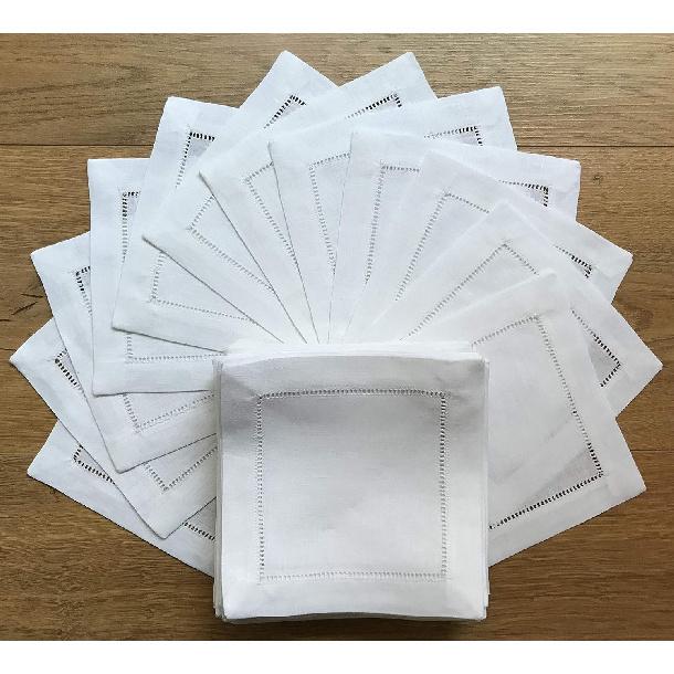 White Linen Cocktail Napkin 6"x6"-A Dozen Cloth Napkin Coasters-Ladder Hemstitch 100% Linen Beverage Party Napkin Coasters