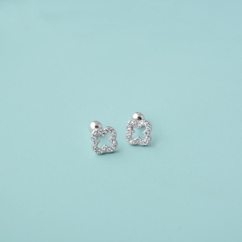 925 Sterling Silver Fine Jewelry Trendy Gold Plated Clover Stud Earrings Geometric Shiny Zircon Flower Screws Bead Piercing