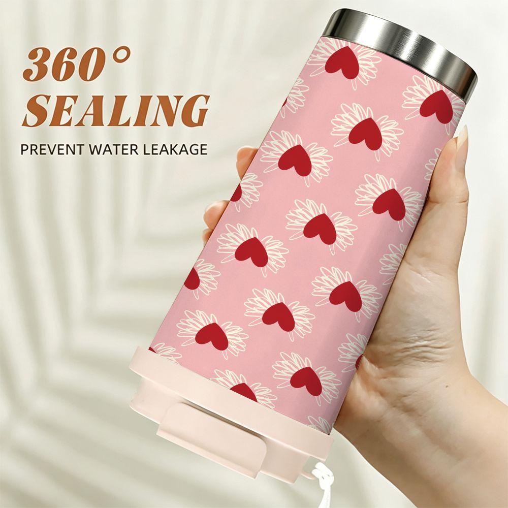 Cute Pink Aesthetic Winged Heart Pattern Insulated Coffee Tumbler Stainless Steel Vacuum Thermal Cup Travel Mug for Hot and Cold Drinks Gift