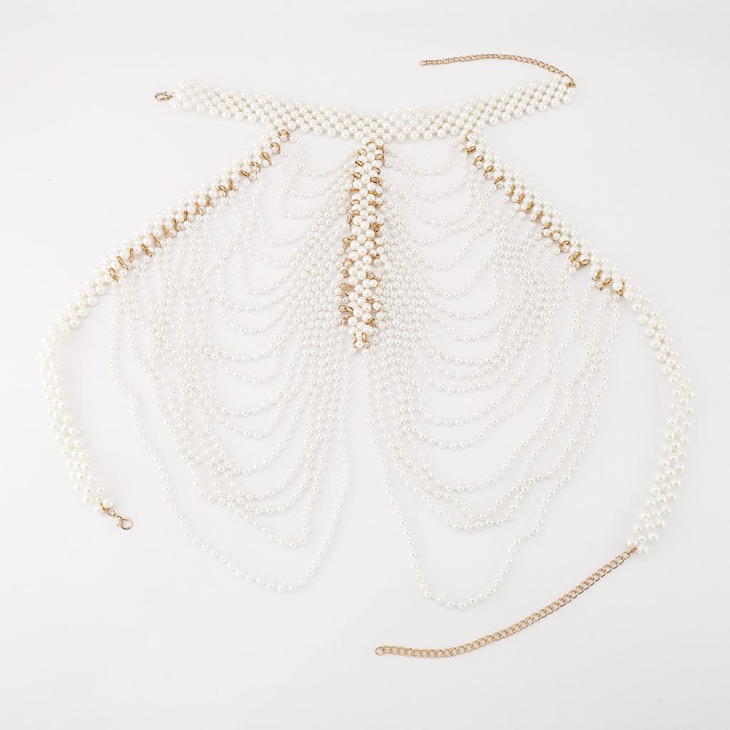 Fashion Body Chain Handmade Woven Shawl Pearl Tassel Wave Dress Wedding Costume Accessories