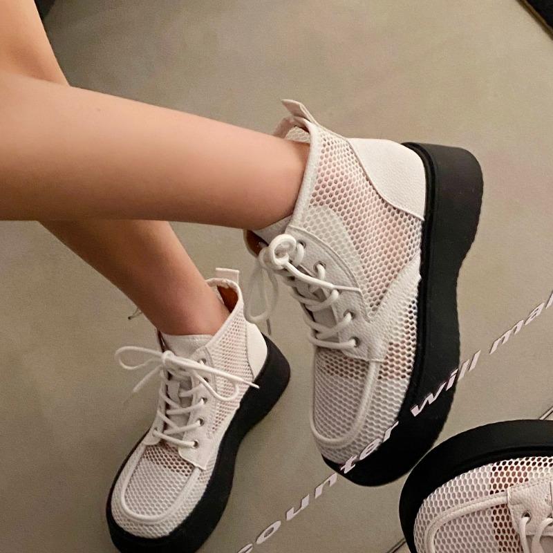 Женские полые ботильоны, новые короткие туфли на шнуровке с дышащей сеткой на платформе для женщин, модная летняя женская повседневная обувь