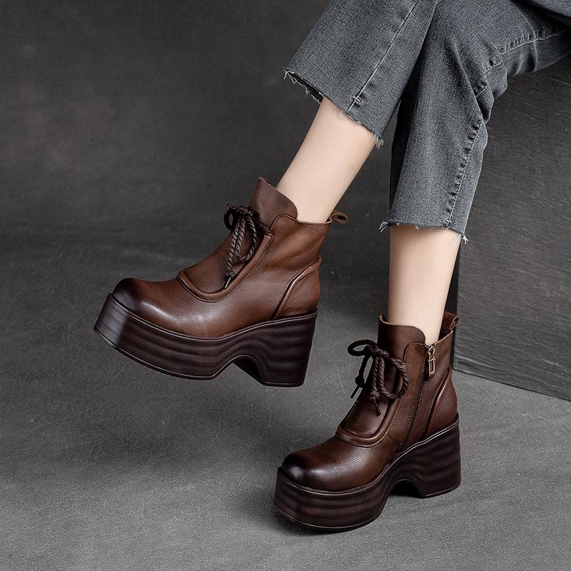 Fashion GKTINOO 7cm Woman Cow Genuine Leather Autumn Ankle Boots Spring Booties Ethnic Rero Moccasins Platform Wedge Chunky Heels Shoes