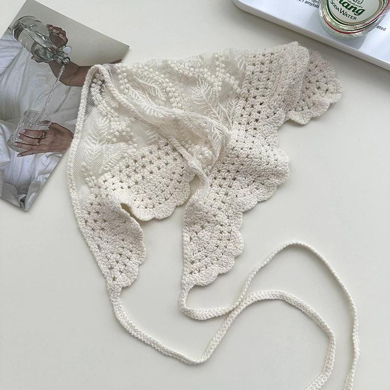 Корейский Сладкий Вязаный Крючком Ажурный Треугольный Шарф Ручной Работы Однотонный Шарф-Повязка для Волос Хиджабы