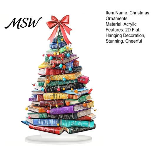 Compact Christmas Gift for Friends Stacked Book Tree Ornament, 2D Flat Stacking Holiday Hanging Decoration, Festive Reading Theme Acrylic Pendant,
