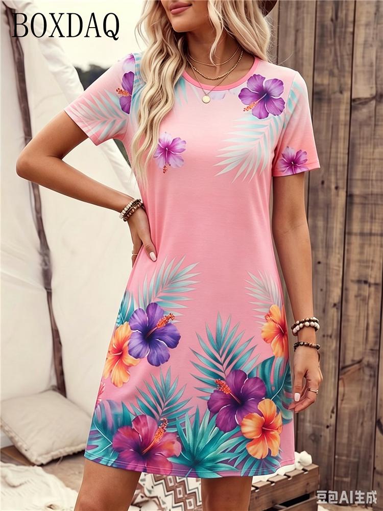 New Women's Round Neck Short Sleeved Loose Dress with Floral Print A-line Beach Dress, Casual and Comfortable Women's Clothing