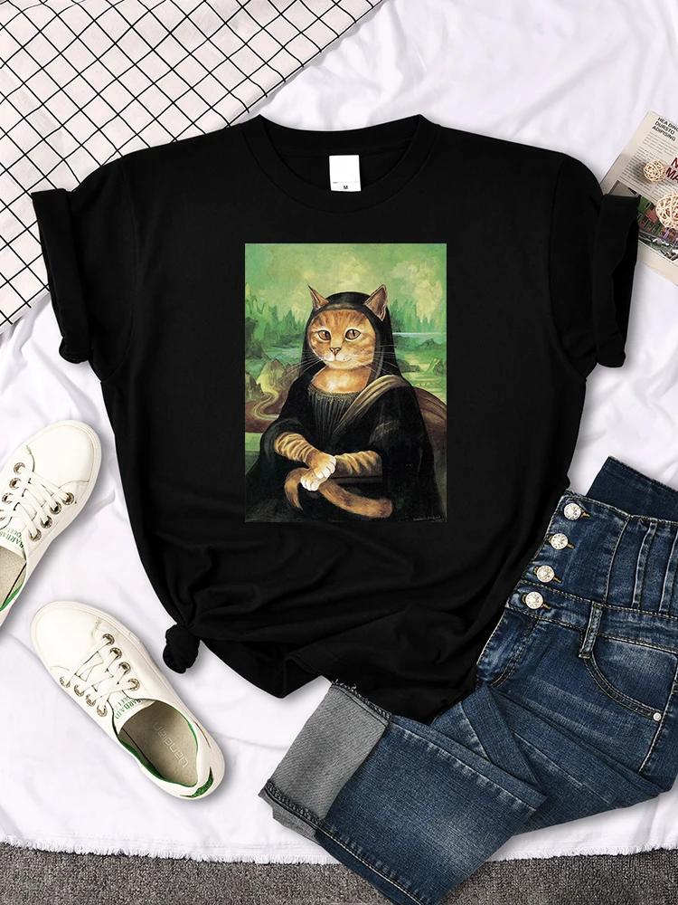 Mona Lisa T Shirts Funny Cat Lovely Cute Printed TShirt for WomenS Crewneck Gothic Women Tshirt Casual Female Tee Shirts