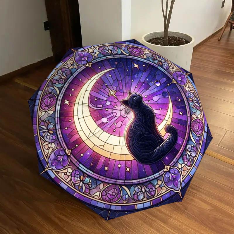 1pc Stained Glass Crescent Moon Cat Umbrella with Plastic Handle,Suitable for All Seasons Home Travel Outdoor UmbrellaDD002