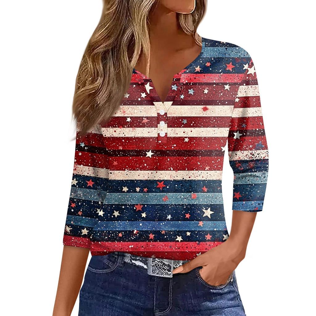 Women's T Shirt Tee Independence Day Printed Button  3/4 Sleeve Tunic Daily Weekend Fashion Basic V- Neck Regular Top