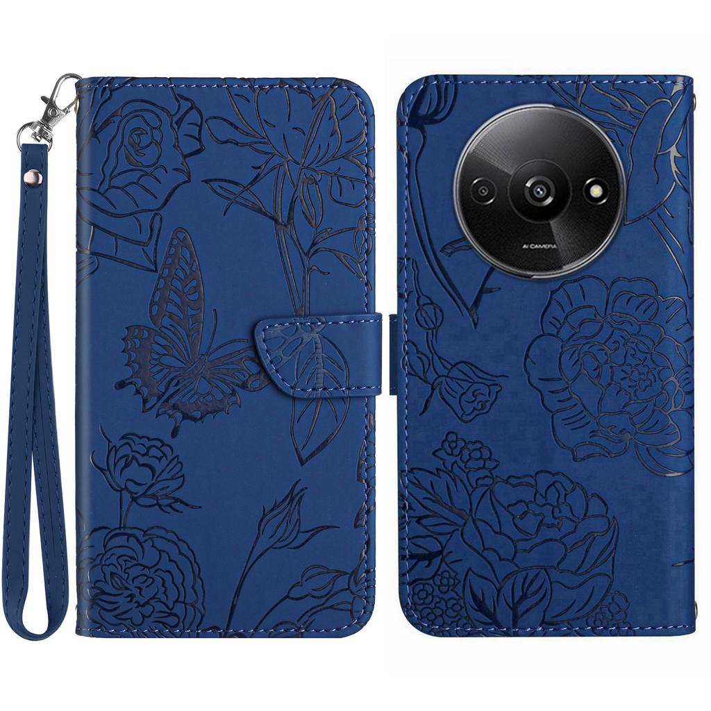 HT03 For Xiaomi Redmi A3 4G/Poco C61 4G Case Butterfly Flower Leather Flip Phone Cover with Hand Strap