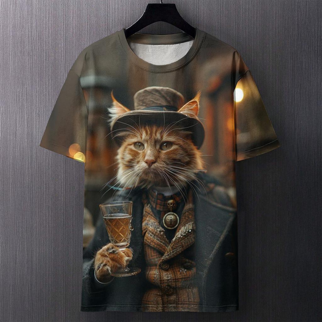 Fun Cat Pattern Printed T-shirt Summer Casual Loose Round Neck Short Sleeved Men's T-shirts