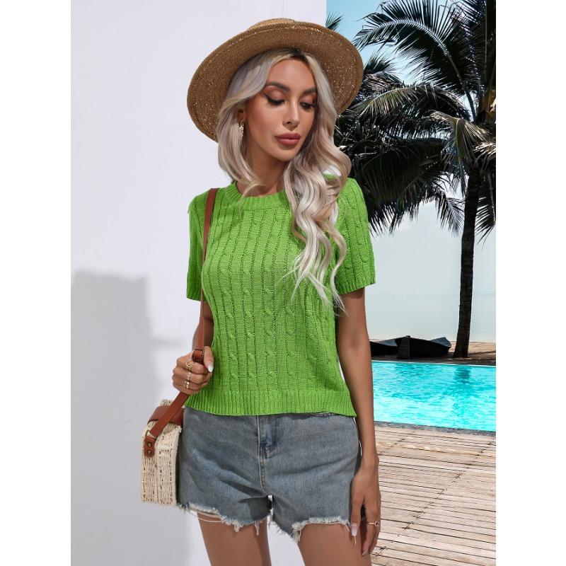 Women's Twist Short Sleeve Pullover Knit Sweater Spring and Summer Round Neck Solid Colour Knitwear