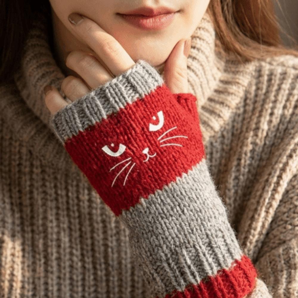 Soft Knitted Fingerless Gloves Thick Cat Embroidery Gloves Vintage Half Finger Gloves Daily