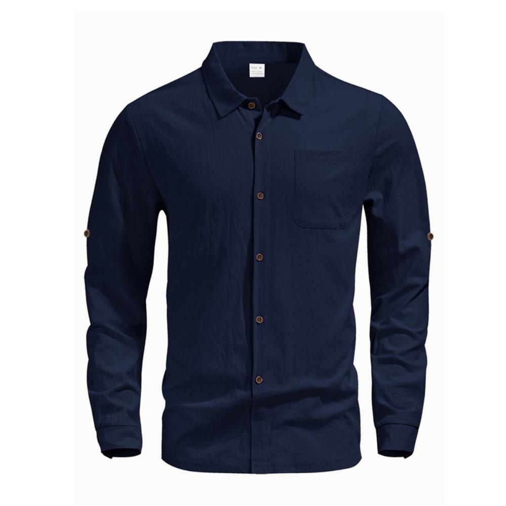 Soft and Comfortable Men's Collar Pocket Solid Color Button Up Cardigan Long Sleeved Linen Top Suitable for Daily Leisure