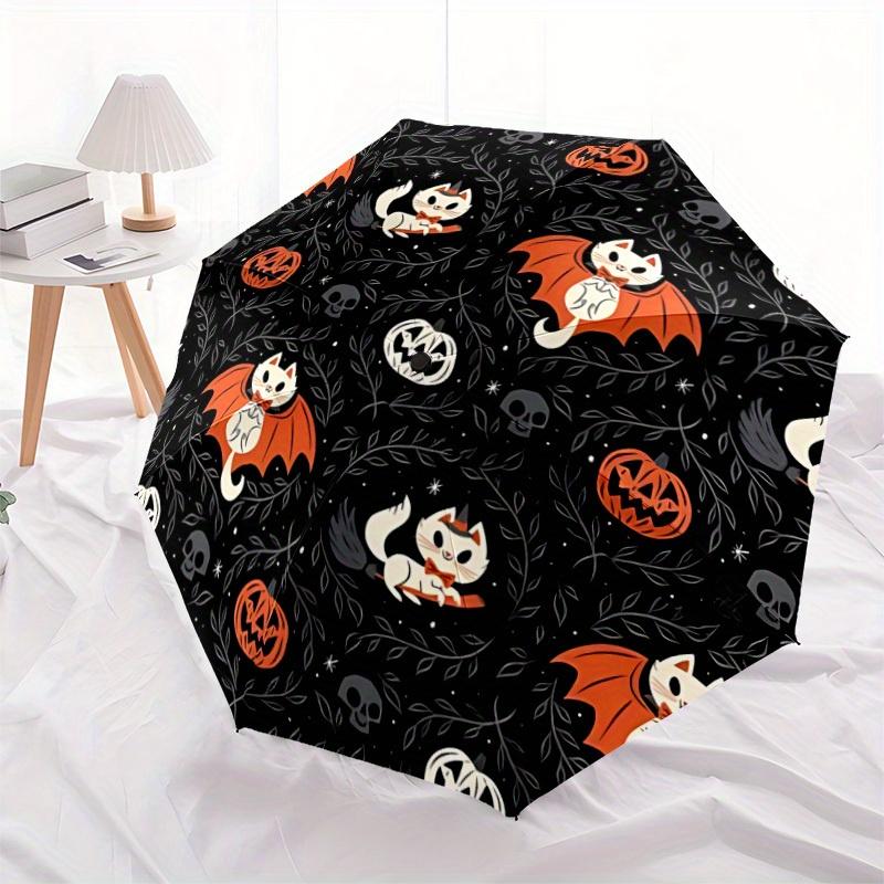 1pc Halloween Cats Automatic Open/close, Heavy-Duty Iron Frame & 8-Rib structure, Compact Folding Umbrella for Women/Men, All-Season Travel, Halloween