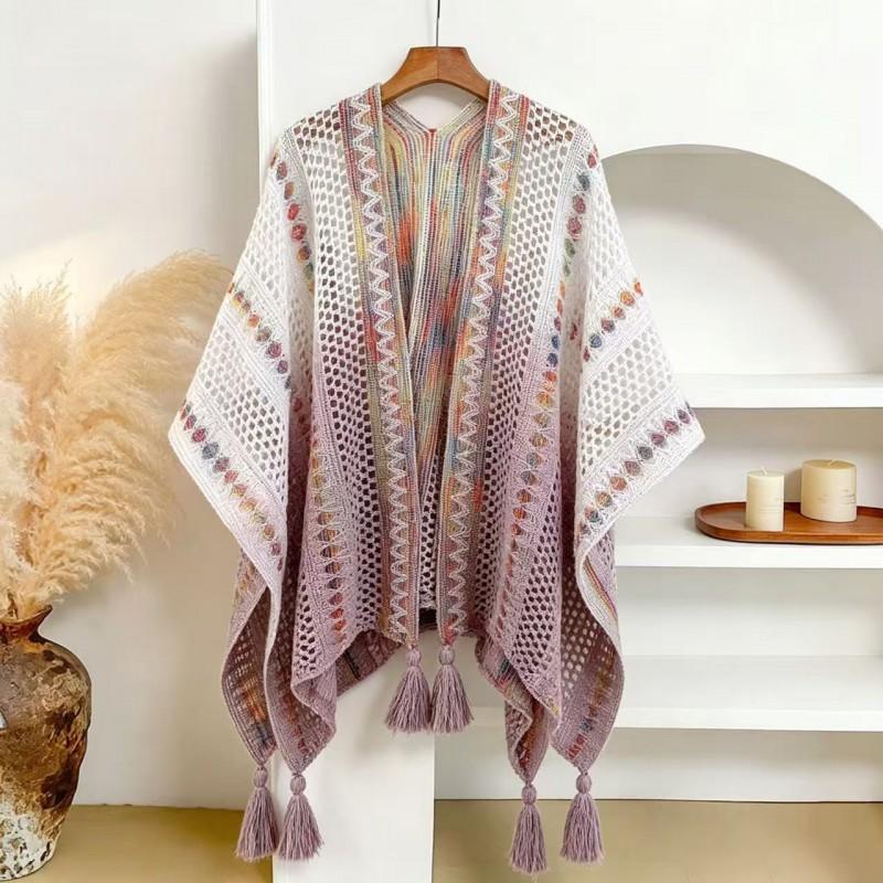 Thin Hollow Shawl Women 2026 Ethnic Style Knit Fringe Cardigan Photoshoot