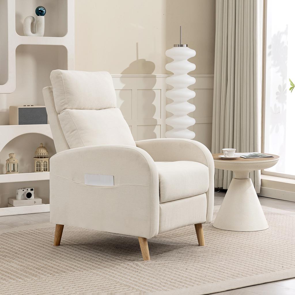 Reclining Relax Armchair Upholstered in Synthetic Linen with Footrest and Side Pockets Load 135 kg Cream