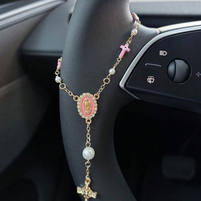 1 шт. Розовый жемчужный крест, украшение на руль, четки, подвеска-аксессуар для автомобиля, уникальный модный аксессуар для декора автомобиля